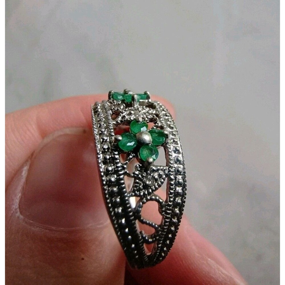 Women's Sterling Silver, Emerald, And CZ Diamond Flower Ring Signed CC Size 7 - Picture 9 of 12